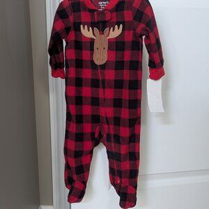 Carters Baby 3/6 mth Moose Plaid Sleeper. Fleece. Red/Black